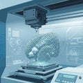 Advanced laboratory setting with a large 3D printer creating a transparent, mesh-like