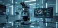Advanced Laboratory Workspace with Digital Data Monitor and Modern Optical Microscope. AI Generated Image. Royalty Free Stock Photo