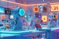 Advanced machine Artificial intelligence robots working in futuristic modern office. Digital Interface support center.