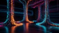 Advanced machine learning algorithms visualized as flowing neon pathways