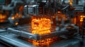 In advanced manufacturing lab, 3D printer creates glowing object, showcasing cutting edge technology and innovation. atmosphere is