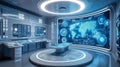 Advanced medical simulation lab features array of glowing virtual screens for hands-on practice