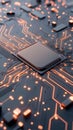 Advanced microchip circuit board with glowing orange pathways and central processing unit, representing microscopic technology and Royalty Free Stock Photo