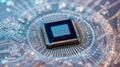 Advanced Microchip with Circuitry Overlay - Technology & Innovation Royalty Free Stock Photo