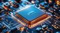 Advanced Microchip Close-Up on Circuit Board with Glowing Elements
