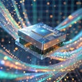 Advanced Microchip with Digital Data Trails and Colorful Bokeh processor circuit board Royalty Free Stock Photo