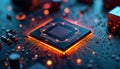 Advanced microchip embedded in circuit board. High-tech chip with glowing connections. Futuristic tech detail. Complex