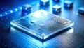 Advanced Microchip on a Glowing Blue Circuit Board Royalty Free Stock Photo