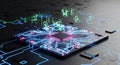 Advanced microchip with glowing circuit lines and holographic data visualization above Royalty Free Stock Photo