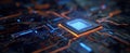 The advanced microchip glowing with vibrant circuitry on a motherboard. AI generated image Royalty Free Stock Photo