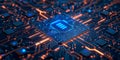 Advanced Microchip on Electronic Circuit Board with Glowing Lights for Future Technology