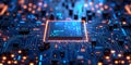 Advanced Microchip on Electronic Circuit Board with Glowing Lights for Future Technology
