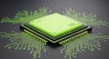 Advanced Microchip Processor with Green Circuit Board Connections computer technology Royalty Free Stock Photo