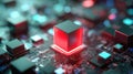 Advanced microchip technology featuring a glowing red processor on a motherboard. Perfect for illustrating cyber security, Royalty Free Stock Photo