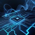 Advanced Microprocessor With Blue Light Trails And Digital Circuitry chip technology Royalty Free Stock Photo