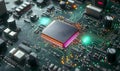 Advanced microprocessor chip on circuit board with glowing connections Royalty Free Stock Photo