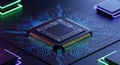 Advanced microprocessor chip on futuristic circuit board with neon lights Royalty Free Stock Photo