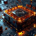 Advanced Microprocessor with Glowing Circuits on Circuit Board
