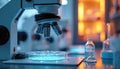 Advanced microscope with multiple objectives, petri dish containing bright blue particles in high-tech laboratory setting. Royalty Free Stock Photo