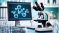 Advanced microscope setup in a modern lab with a computer displaying molecular structures Royalty Free Stock Photo