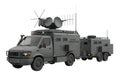 Advanced military command vehicle with communication equipment and radar system on a rugged terrain Royalty Free Stock Photo