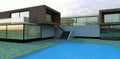 Advanced modern high-tech style villa with a blue pool. Cloudy sky. 3d render.