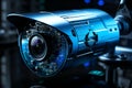 Advanced monitoring system, Glossy white security cameras, hologram glow, wide banner