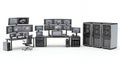Advanced Network Server Room with Multiple Monitors and Data Racks on White Backdrop Data Processing and Server Royalty Free Stock Photo