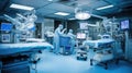 In advanced operating room with lots of equipment, patient and working surgical specialists Royalty Free Stock Photo