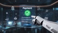 Advanced payment interface with robotic hand interacting with digital transaction elements in a futuristic environment Royalty Free Stock Photo