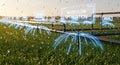 Precision Agriculture Drip Irrigation System Optimizing Water Flow With Futuristic Digital Overlay In Green Field At Sunrise Royalty Free Stock Photo