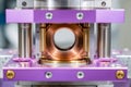 Advanced precision mechanical component with copper core and purple metallic framework in a high-tech industrial or laboratory Royalty Free Stock Photo