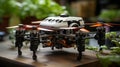 Advanced printers assembling a lightweight drone in a workshop setting