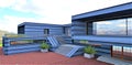 Advanced private housing trimmed with grisontal metal panels. Red brick paving stones in the yard. Big panoramic balcony. Concrete Royalty Free Stock Photo