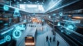 advanced public transportation hub, featuring automated check-ins and AI-assisted navigation systems