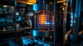 Advanced quantum computer with glowing core in high-tech laboratory setting