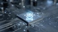 Advanced quantum computing microchip on a circuit board with glowing atom symbol, futuristic high tech hardware for artificial Royalty Free Stock Photo
