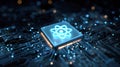 Advanced Quantum Computing Microchip with Glowing Neon Atom Symbol on Integrated Circuit Board Representing Future Supercomputer Royalty Free Stock Photo