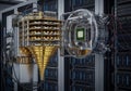 Advanced quantum computing system featuring a cryostat and connected quantum processor. Gold-colored Royalty Free Stock Photo