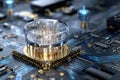 Advanced quantum processor sits prominently on a high-tech circuit board in a modern lab setting Royalty Free Stock Photo