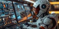 Advanced robot analyzing data on futuristic digital screens