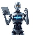 Advanced robot analyzing data on tablet isolated on white background Royalty Free Stock Photo