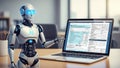 Advanced robot analyzing financial data on laptop Royalty Free Stock Photo