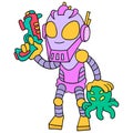 Advanced robot carrying alien hunter laser gun, doodle icon image kawaii