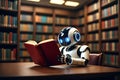 A robot reads a book in a library filled with bookshelves Royalty Free Stock Photo