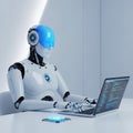 Advanced robot with glowing blue visor typing on a laptop computer in a modern office Royalty Free Stock Photo