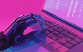 Advanced robot hand typing on laptop keyboard with digital interface Royalty Free Stock Photo