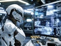 Advanced robot in hightech lab with futuristic gadgets and glowing screens