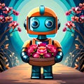 An advanced robot holding a bunch of flowers - ai generated image Royalty Free Stock Photo