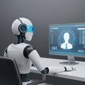 Advanced robot interacting with computer display showing user profile and data analytics Royalty Free Stock Photo